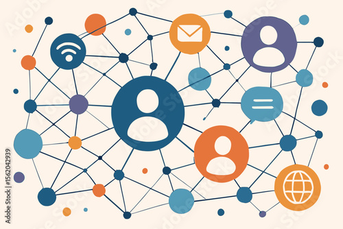Modern flat vector illustration of digital social network, internet connectivity, communication, global networking, people avatars, online messaging, wireless technology, web connections concept