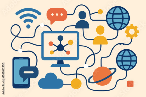 Machine learning network concept. Flat vector illustration of artificial intelligence, cloud computing, data sharing, internet connection, digital communication, mobile technology, global connectivity