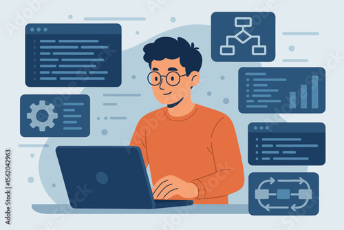 Software developer coding on laptop, analyzing data, algorithm development, programming interface, virtual dashboard, workflow automation, modern flat vector illustration
