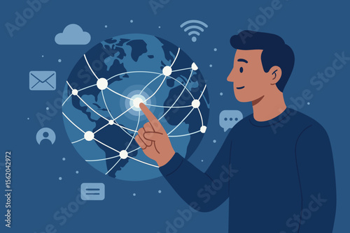 Man Touching Global Digital Network Structure, Internet Connectivity, Data Exchange, Worldwide Communication, Telecommunication Technology, Online Business, Social Media, Cloud Computing Concept