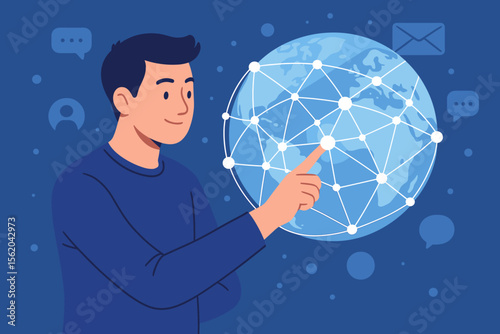 Businessman interacting with global digital network, data exchange and worldwide communication, technology connectivity, telecommunication, internet business, social media, global connections concept