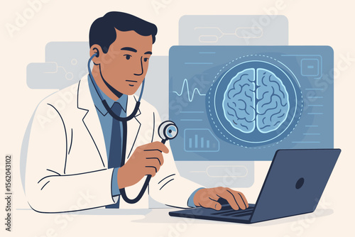 Medical doctor analyzing brain scan results on laptop, neuroscience research, digital health diagnosis, stethoscope, modern virtual interface, neurology consultation, healthcare technology concept