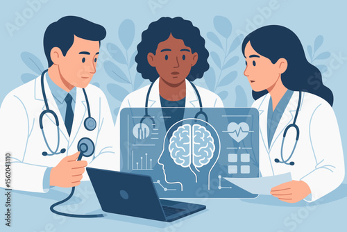 Medical doctor team meeting and analysis. Neurology consultation, brain scan diagnosis, stethoscope, digital health technology, virtual interface, teamwork, hospital, healthcare professionals