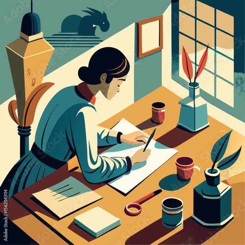 A woman is writing on a piece of paper at a desk. The desk is cluttered with various items, including a vase, a cup, a book, and a pair of scissors. The woman is focused on her writing