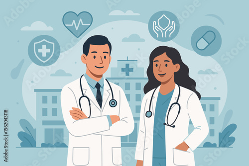 Medical doctors with stethoscopes standing in front of hospital, healthcare and health insurance icons, modern flat vector illustration, medical business, health care, professional team concept