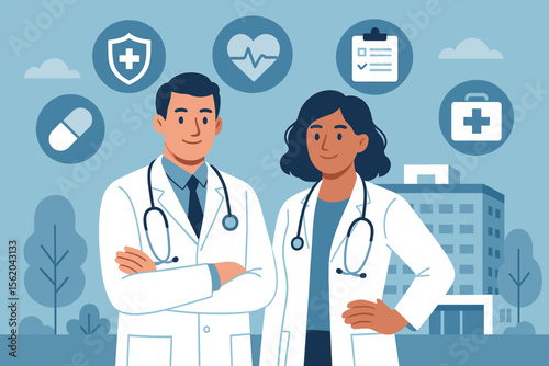 Medical professionals with stethoscopes in front of hospital, healthcare icons, health insurance, medicine, doctor teamwork, modern flat vector, medical business, healthcare concept illustration