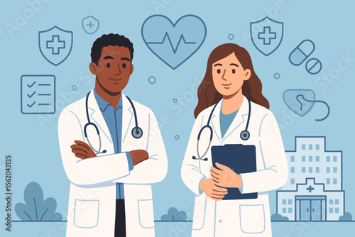 Medical doctors with stethoscopes in hospital setting, healthcare professionals, health insurance icons, modern flat vector, medical business, healthcare teamwork, clinic illustration