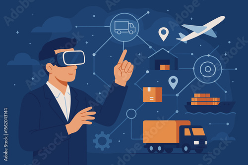 Virtual reality logistics management. Businessman using VR headset controls smart supply chain, transport network, shipping, warehouse, distribution, delivery, freight, technology, innovation