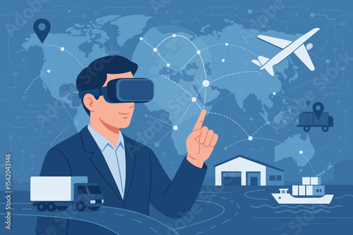 Metaverse technology logistics management. Businessman using VR virtual reality headset to analyze and control smart global transportation network, distribution, shipping, warehouse, supply chain