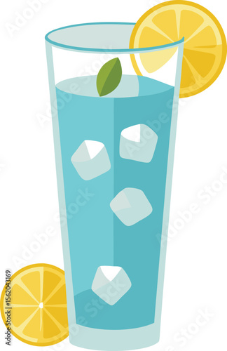 Refreshing tall glass of blue drink with ice lemon slices and mint leaf