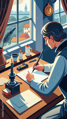 A woman is writing on a piece of paper at a desk. The desk is cluttered with various items, including a vase, a cup, a book, and a pair of scissors. The woman is focused on her writing