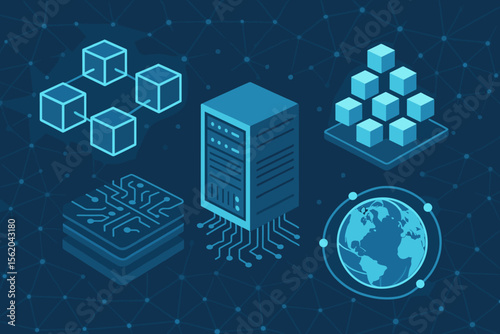 Blockchain network structure, mainframe server, big data processing, global internet connectivity, digital technology, futuristic cyber circuit, modern flat vector illustration