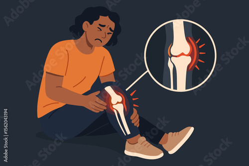 Knee joint pain illustration. Osteoarthritis, rheumatoid arthritis, tendon injury, joint inflammation. Medical concept. Person suffering knee ache. Anatomy, orthopedics, healthcare vector design.