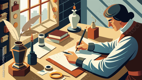 A woman is writing on a piece of paper at a desk. The desk is cluttered with various items, including a vase, a cup, a book, and a pair of scissors. The woman is focused on her writing