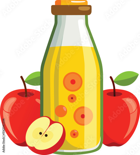 Refreshing apple juice in a bottle with fresh apples and a slice