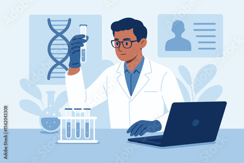 Scientist in laboratory analyzing test tube, DNA gene editing, genetic research, biotechnology, disease treatment, gene therapy, healthcare innovation, medical research, data analysis concept