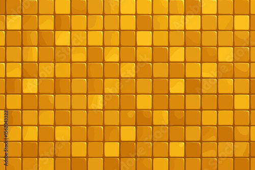 Shiny golden mosaic tile seamless background. Modern vector pattern with reflective glass squares. Luxury abstract geometric grid. Elegant yellow gold texture for interior, wall, floor, decoration.