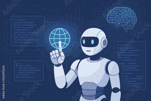 Futuristic AI Robot Programmer Touching Virtual Internet Network Interface, Analyzing Software Code, Data Science, Deep Learning, Robotics Engineering, Artificial Intelligence Technology Concept