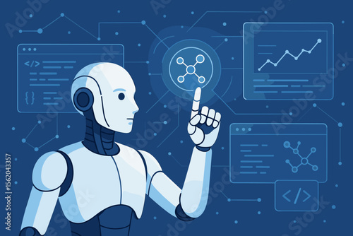 Futuristic AI Robot Programmer Touching Virtual Interface, Analyzing Software Code, Data Science, Deep Learning, Machine Intelligence, Network Technology, Automation, Engineering Concept