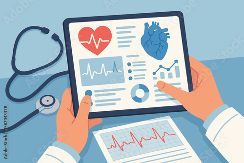 Cardiologist Using Digital Tablet for Heart Disease Diagnosis, Medical Data Analysis, Heartbeat Report, Modern Healthcare Technology, Stethoscope, Health Monitoring, Flat Vector Illustration