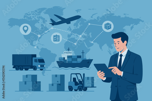 Global logistics and freight shipping management concept. Businessman using tablet for supply chain, cargo distribution, international transport network, delivery tracking, world map, export import