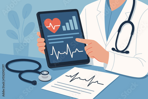 Cardiologist using digital tablet for heart disease diagnosis, healthcare data analysis, stethoscope, heartbeat report, modern medical technology, electronic health record concept illustration