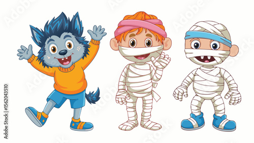 Cartoon Halloween Costumes Cheerful Werewolf, Smiling Mummy Boy, and Bandaged Kid Waving