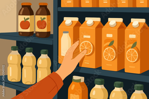 Hand selecting orange juice carton from supermarket shelf. Grocery shopping choice. Fresh juice packaging. Beverage aisle. Healthy lifestyle. Modern flat vector illustration. No text.
