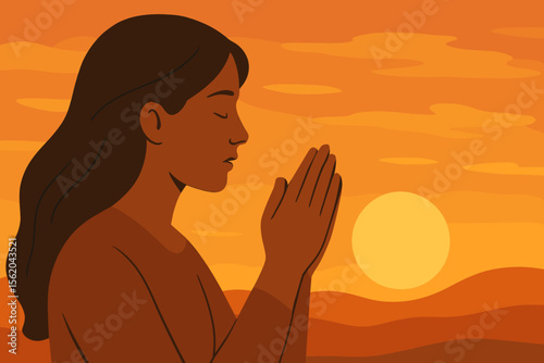 Woman Praying Hands Together at Sunset, Spiritual Blessing, Hope, Faith, Meditation, Peaceful Evening, Modern Flat Vector Illustration, Religion, Mindfulness, Tranquil Landscape Background