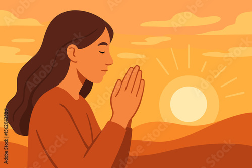 Woman praying hands together at sunset, hope faith spirituality concept, serene landscape, meditation, gratitude, peaceful evening, modern flat vector illustration, warm orange tones, inspiration