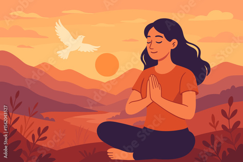 Woman meditating and praying outdoors at mountain sunset, hands in prayer pose, peaceful nature landscape, flying dove symbolizing hope, faith, freedom, mindfulness, modern flat vector illustration