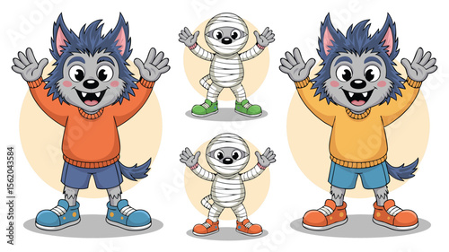 Cartoon Illustration of Cheerful Werewolves and Mummies Dressed in Halloween Costumes Waving Hello