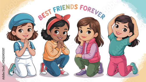 Cartoon Drawing of Four Diverse Young Girls Kneeling Together, Saying Best Friends Forever Above Them