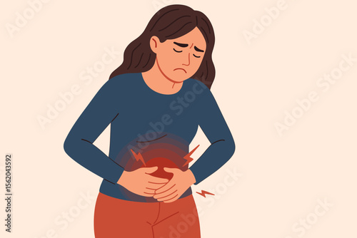 Woman Holding Stomach in Pain, Suffering from Abdominal Discomfort, Menstrual Cramps, Gastric Ulcer, Appendicitis, Gastrointestinal Disease, Healthcare and Medical Concept Illustration