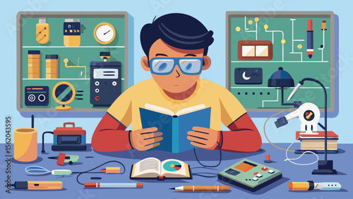 A man is reading a book in front of a wall with a lot of electronics. The man is wearing glasses and is sitting at a desk. The desk is cluttered with various tools and gadgets