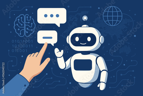 AI chatbot interaction concept. Human hand talking with robot assistant for online customer support. Artificial intelligence technology, machine learning, and virtual help concept.