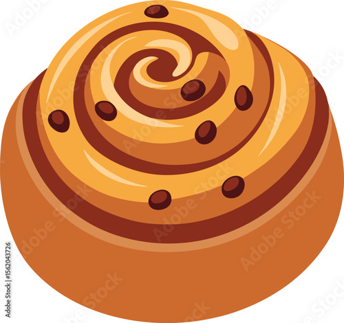Stylized illustration of a delicious cinnamon roll with chocolate chips