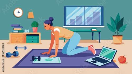 A woman is doing a workout in her living room. She is on a mat and has a laptop and a book nearby