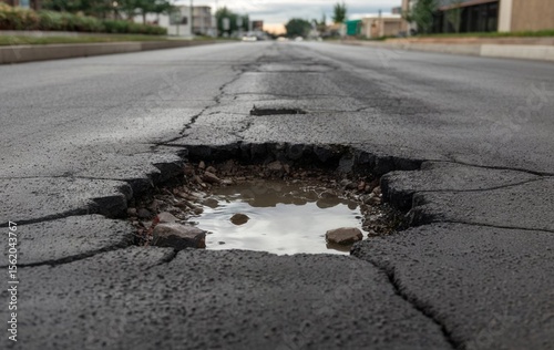 A close-up of a pothole in the middle of the street