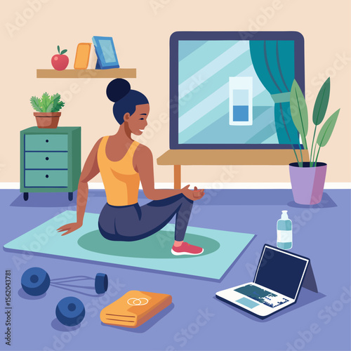 A woman is doing a workout in her living room. She is on a mat and has a laptop and a book nearby