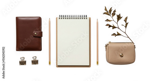 Flat lay of a notebook, pencils, wallet, purse, clips and a branch on transparent background