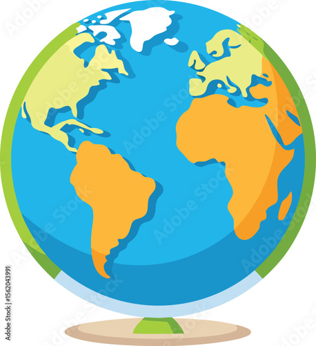 Stylized cartoon globe featuring continents and oceans on a stand