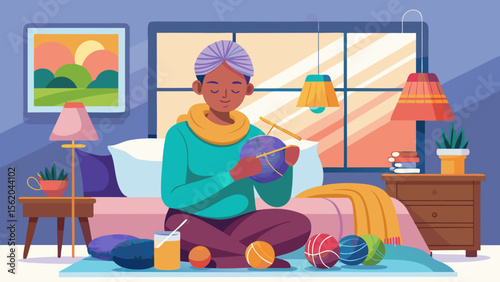 A woman is sitting in a room with a variety of colorful balls and vases. She is knitting a scarf while surrounded by the colorful balls. The room has a cozy and warm atmosphere, with the vases
