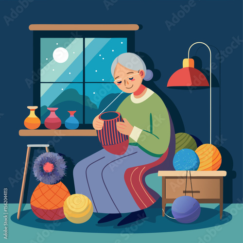 A woman is sitting in a room with a variety of colorful balls and vases. She is knitting a scarf while surrounded by the colorful balls. The room has a cozy and warm atmosphere, with the vases