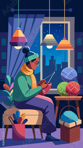 A woman is sitting in a room with a variety of colorful balls and vases. She is knitting a scarf while surrounded by the colorful balls. The room has a cozy and warm atmosphere, with the vases