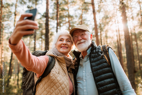 elderly couple taking selfie while walking in autumn forest
