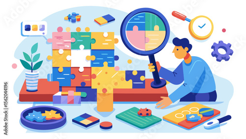 A man is looking at a puzzle with a magnifying glass. The puzzle is made up of different colored pieces and is spread out on a table. The man is focused on the puzzle