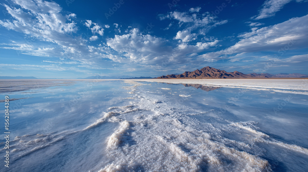 Obraz premium A vast salt flat landscape under clear sky, endless white terrain, minimalistic and serene scenery, perfect for travel, nature, and aerial photography projects.