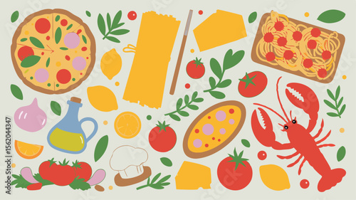 Colorful Flat Lay of Italian Food Ingredients Featuring Pasta, Pizza, Seafood, Cheese, and Fresh Produce