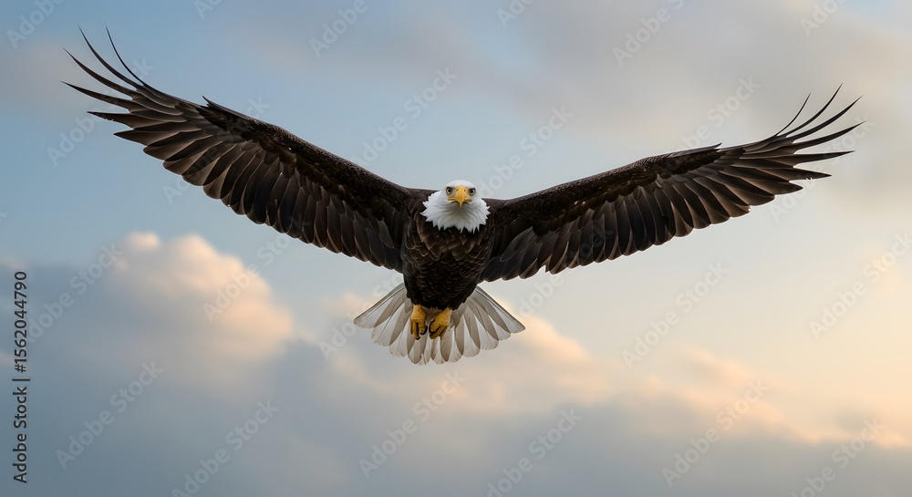 Naklejka premium Majestic Bald Eagle Soaring, Wings Spread Wide, Against Cloudy Sky